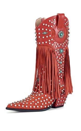 sexytag Fringe Cowboy Boots Rhinestone Embellishments Mid Calf Cowgirl Boots Turquoise Flower Studded Western Booties2