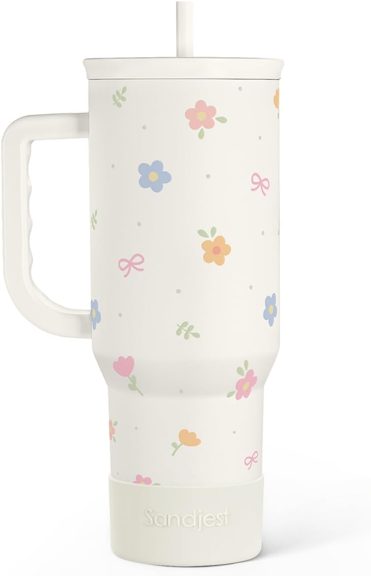 Floral 40oz Slider Tumbler with Handle and Straw – Insulated Stainless Steel Travel Coffee Mug for Women Girls, Gift for Birthday Christmas