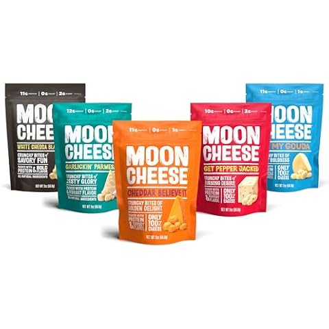 Moon Cheese Variety Pack, Cheddar, White Cheddar, Gouda, Garlic Parm & Pepper Jack, Protein-Rich Cheese Snack, Gluten Free, Keto Friendly, 100% Real Cheese, 2 Ounce (Pack of 5) Cover