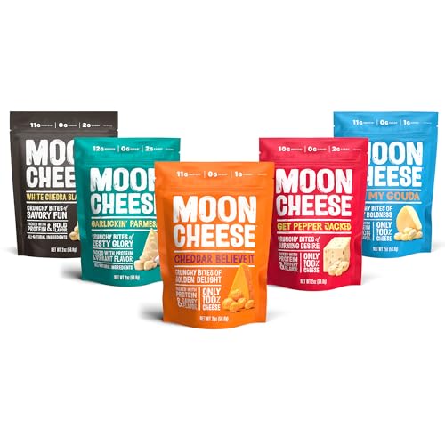Moon Cheese Variety Pack, Cheddar, White Cheddar, Gouda, Garlic Parm & Pepper Jack, Protein-Rich Cheese Snack, Gluten Free, Keto Friendly, 100% Real Cheese, 2 Ounce (Pack of 5)
