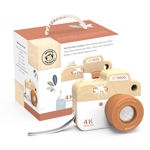 Speedy Monkey-Toy Camera Cámara de 9,9 x 6,7 x 8 cm, Multicolor, Juguete de Madera para niños, Detalles encantadores, Gran Idea de Regalo, (SP3000)