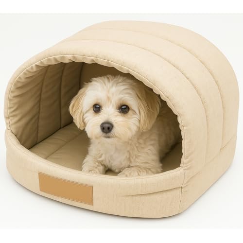Leanbe Personalisierte Hundehütte/Hundehöhle – Kuscheliges Hundebett mit Namensgravur – Katzenhöhle & Schlafplatz für kleine und große Hunde Hundehaus (BEIGE, R3:55x47x39cm)