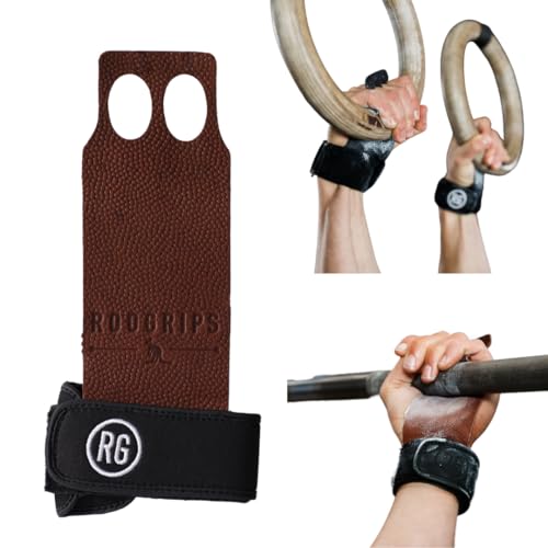 RooGrips 2 Finger Premium Leather Hand Grips for Crossfit, Pull Ups & Gymnastics & Weightlifting - The Most Durable Grip Support and Hand Protection from Rips and Blisters. (Size Medium)