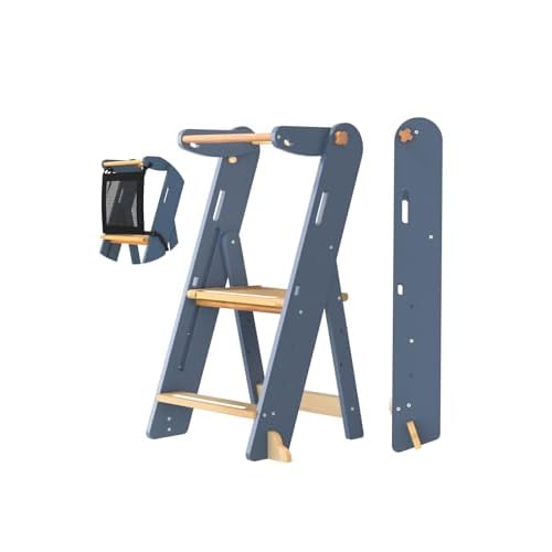 GROWNSY Foldable Step Stool Toddler Tower, Toddler Kitchen Stool Helper, Collapsible Kids Standing Tower with 3 Adjustable Heights and Safety Net for Kitchen Bathroom Sink Counter (Blue Gray