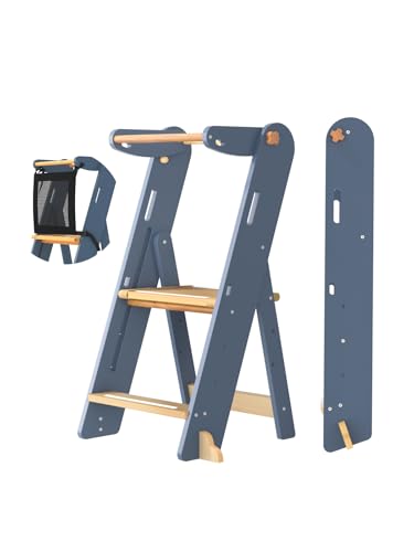 Image of GROWNSY Foldable Step Stool Toddler Tower, Toddler Kitchen Stool Helper, Collapsible Kids Standing Tower with 3 Adjustable Heights and Safety Net for Kitchen Bathroom Sink Counter (Blue Gray)