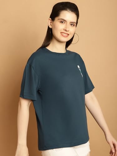 Image of Fabflee Oversized Cotton Baggy Drop Shoulder Graphic Tee with Half Sleeves | Korean Casual Loose T-Shirt for Women