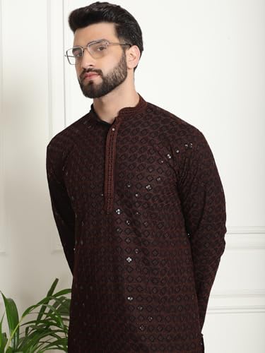 Image of SOJANYA Men's Cotton Regular Fit Casual (Since 1958 Contrast Embroidered Sequinned Long Kurta
