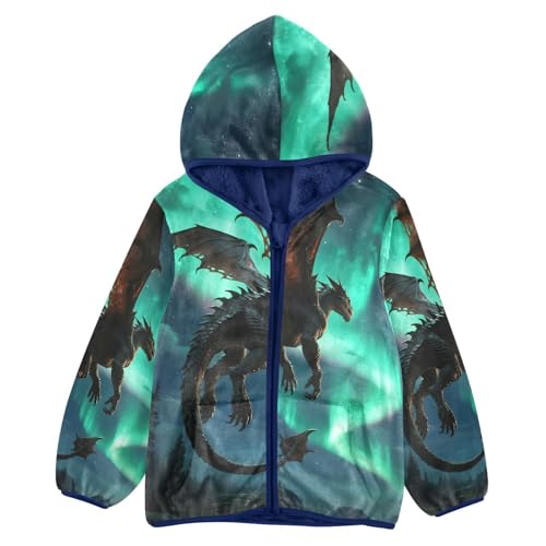 Dragon Flying under Aurora Borealis Toddler Fleece Jacket Girl Boys Hooded Fleece Jacket