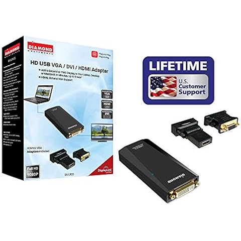 Diamond Multimedia USB/USB-C/TB3 to VGA/DVI/HDMI Video Graphics Adapter up to 1920x1080/1600x1200. Windows 11,10, 8.1, 8, 7, XP, MAC OS and Android 5.0+. DisplayLink Certified DL-165 (BVU165LT) Cover