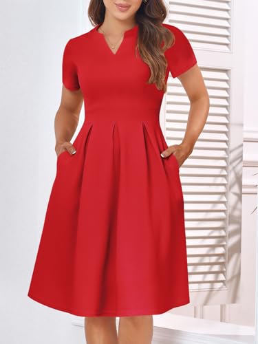 Image of YATHON Womens Elegant Print Notched Neck Slant Pocket Pleated Hem Casual A-Line Dress