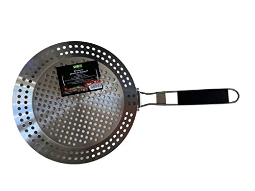 Foto von daniplus Grillpfanne gelocht mit Klappgriff, Ø ca. 30cm, Edelstahl perfekt als Grilltablett für Fleisch, Fisch, Meeresfrüchte, Gemüse