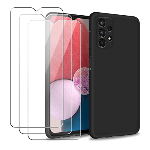 Funda para Samsung Galaxy A13 4G con Tres Cristal Templado Protector de Pantalla, Negro Suave Líquido Silicona Protectora Carcasa para Samsung Galaxy A13 4G 6.6" Cover