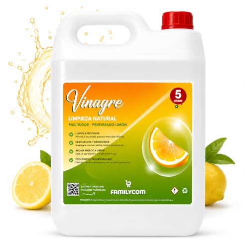 FAMILYCOM. Vinagre de Limpieza Concentrado. 10º de Acidez. Potente Limpiador Multiusos. 100% Natural y Ecológico. Formato 5 Litros.