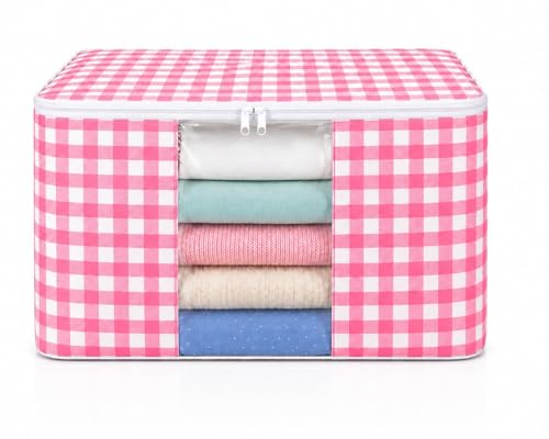Fabric Storage Box Set of 2, Red Checkered, Quilted Non-Woven, Wa...