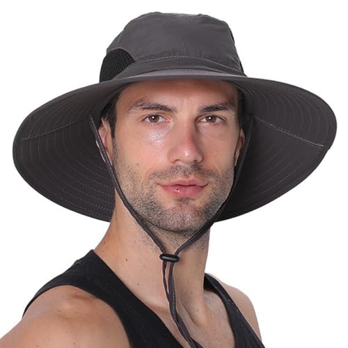 Wind Resistance Wide Brim Bucket Hat UPF 50 UV Protection, Outdoor Fishing Hats with Chin Strap for Men & Women, Smart Sun Cover for Farming, Camping, Hiking, Golf, and Summer Gear Dark Grey