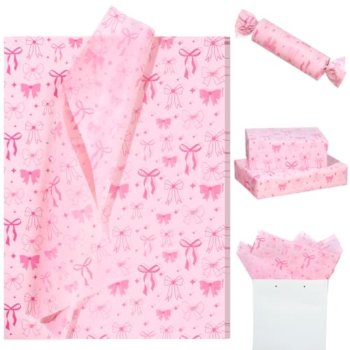 100 Sheets Pink Bow Tissue Papers for Gift Bags, Cute Bows Gift Wrapping Tissue Paper, Bowknot Art Paper for Coquette Birthday Wedding Bridal Shower Bachelorette Party Decor DIY Craft, 20 x 14IN