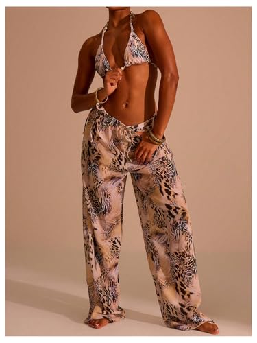 GORGLITTER Women's Leopard Cheetah Pants Wideleg Flare Baggy Drawstring Pants Streetwear4