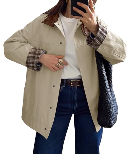 Tankaneo Womens Trench Coat Oversized Fall Barn Jacket Leather Collar Plaid Color Block Windproof Overcoat