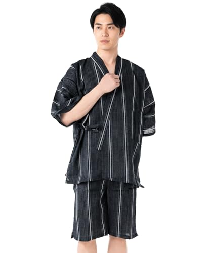 [KYOETSU] [キョウエツ] 甚平 じんべい メンズ 男性 父の日 パジャマ 大きいサイズ おしゃれ 夏 綿 上下 しじら織り (LL,4.変わり縞×黒)