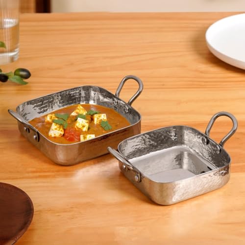 Image of Nestasia Stainless Steel Square Serving Dishes Set of 2 (450ml, 650ml) - Hammered Flat-Base Steel Serving Bowl with Dual Handles | Rust, Stain & Scratch Resistant Serveware with Glossy Finish