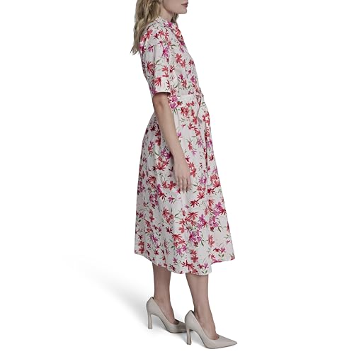 Image of DKNY Women's Short Sleeve Cotton Poplin Collared Midi Shirtdress