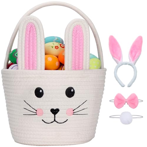 Magibag Easter Baskets for Kids Cute Bunny Egg Hunt Basket Bags with Bunny Ears Headband Bow Tie Tail Set (Pink)