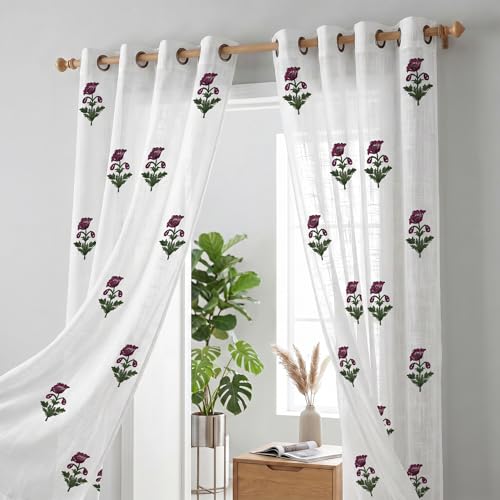 Image of LINENWALAS Decorative Cotton Linen Sheer Curtains 9 Feet for Long Door -Block Printed Door Curtain | Grommet Hanging Style Pack of 2 Panels |Light Filtering Sheer Drapes (Rose Butta)