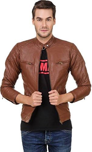 Mens Solid Faux Leather Brown Designer Jacket