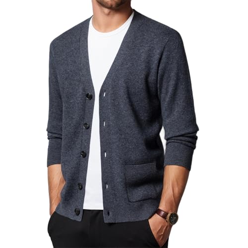 100% Wool Men's V Neck Cardigan Sweater Casual Lightweight Button Down Knitted Cardigan with Pockets
