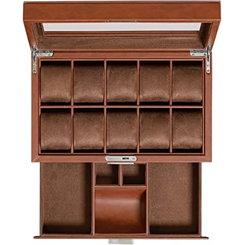 ROTHWELL 10 Slot Watch Box with Valet Drawer - Luxury Watch Case Display Organizer, Ultra Soft Microsuede Liner, Locking Jewelry Watches Holder With Large Glass Top (Tan / Brown) Cover