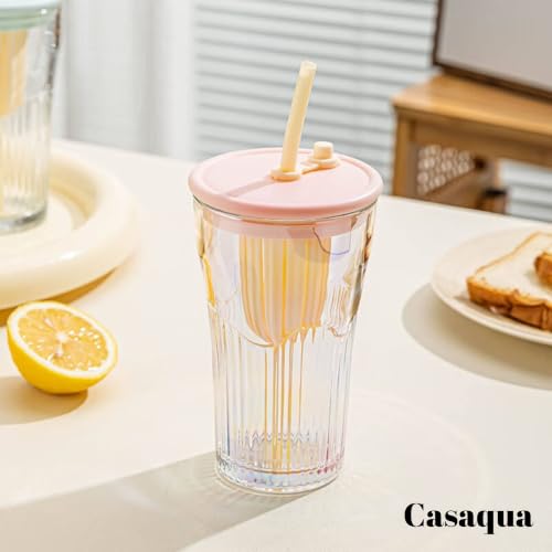 Image of Iridescent Glass Tumbler with Handle Lid and Straw - 470ML, Set of 1, Travel Coffee Sipper Mug Leakproof for Juice Cocktail Iced Tea Smoothie Hot Cold Drink Cup (Receiving Random Color)