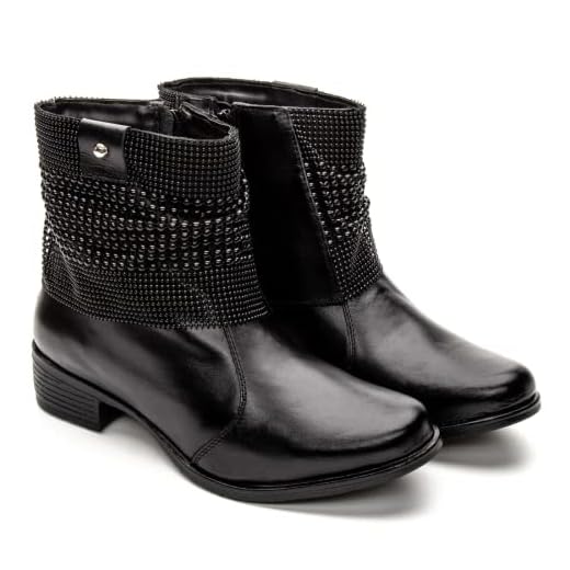 Bota Feminina Couro Conforto Cano Curto Botinha Ziper Preta Cor:Preto;Tamanho:34;Gênero:Feminino