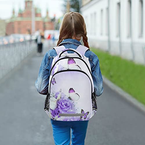 ALAZA Purple Rose Flower Butterfly Backpacks for Girls Boys Kids School Book Bags 3rd 4th 5th Grade Laptop Casual Daypack Travel Shoulder Bag with Chest Strap2