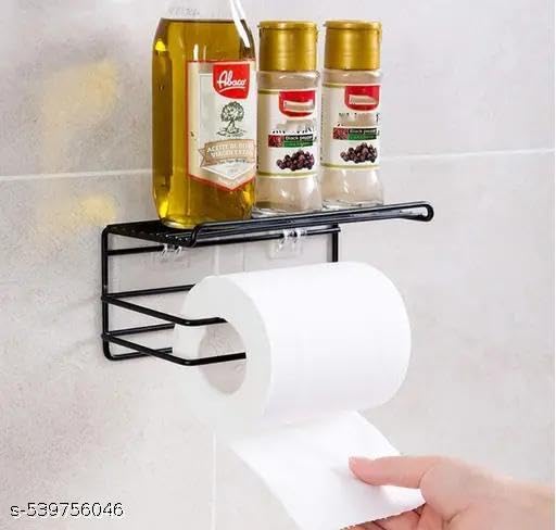 2 PIS Set No Drill Self Adhesive Toilet Paper Holder/Tissue Paper Roll Holder with Mobile Stand/Towel Holder/Bathroom Accessories (Black, Pack of 2)2PIS (Mobile+Tissue) / 515_KP2190 2