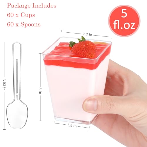 Colovis Plastic Dessert Cups, 60 Count 5oz Clear Square Parfait Cups with Spoons Appetizer Cups for Parties, Events, Catering (60)