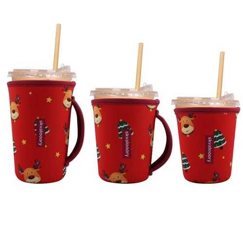 Image of Skvalooory Christmas 3-Pack Reusable Iced Coffee Sleeves, Neoprene Insulated Cold Drink Cup Sleeves with Handle, 16-32oz Cup Hold for Cold Drinks (Christmas Reindeer)