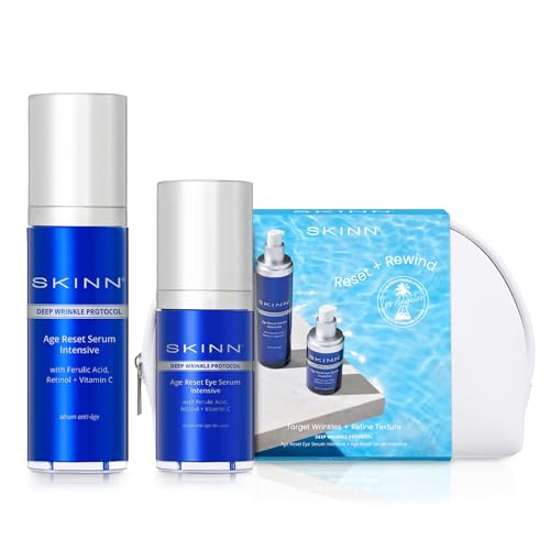 SKINN Deep Wrinkle Eye & Face Serum Skincare Gift Set, Reset & Rewind - Under Eye Serum for Dark Circles & Fine Lines - Hydrating & Plumping Anti-Aging Serum - Ferulic Acid, Retinol & Vitamin C