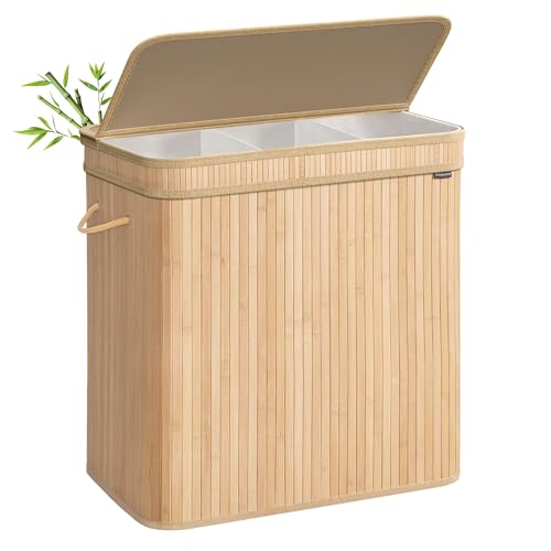 SONGMICS Wäschekorb mit Deckel, Wäschesammler Bambus, Wäschesack herausnehmbar und maschinenwaschbar, mit Griffen, 150 Liter, für Waschküche, Schlafzimmer, Wohnzimmer, naturbeige LCB062N01
