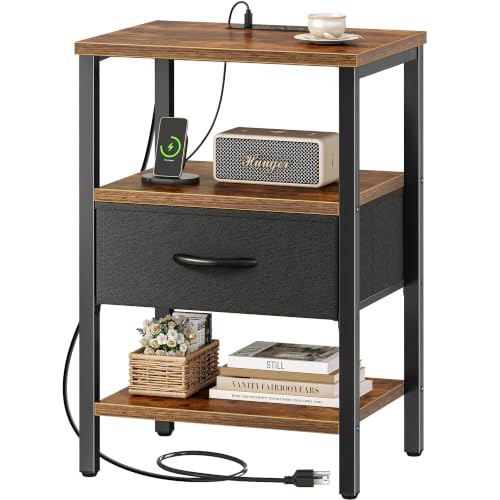 SUPERJARE Nightstand with Charging Station, Bed Side Table with Adjustable Fabric Drawer, Night Stand for Bedroom, 3-Tier Storage End Table, for Living Room, Rustic Brown and Black