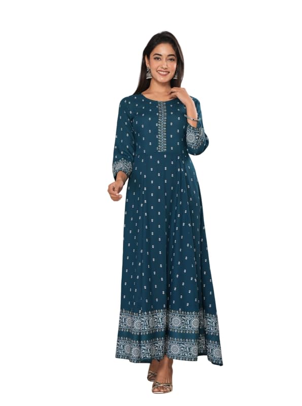 Women's Printed Maxi Dress with Border, 3/4 Sleeves, Ethnic Style KJ6-picture-30