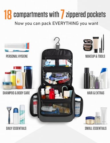 Image of VENTURE 4TH Hanging Travel Toiletry Bag, 18 Compartments - Gray | Hangs on rails, hooks or doors; stands upright. Removable TSA pouch. Water-resistant Nylon 290D Twill, reinforced stitching.