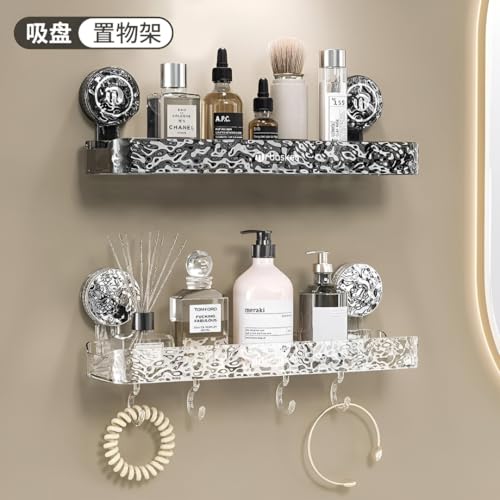 Image of Wall Mounted Bathroom Storage Rack with Suction Cups - Double Shelf with Hooks - Transparent & Patterned Front Design (2)