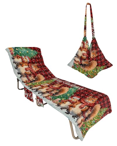 Red Plaid Squirrels Christmas Beach Lounge Chair Towel Cover, Soft Chaise Lounge Towel with Side Pockets Patio Pool Chairs Cover for Beach/Pool Sunbathing 29x85 Xmas Tree Winter Snowflake