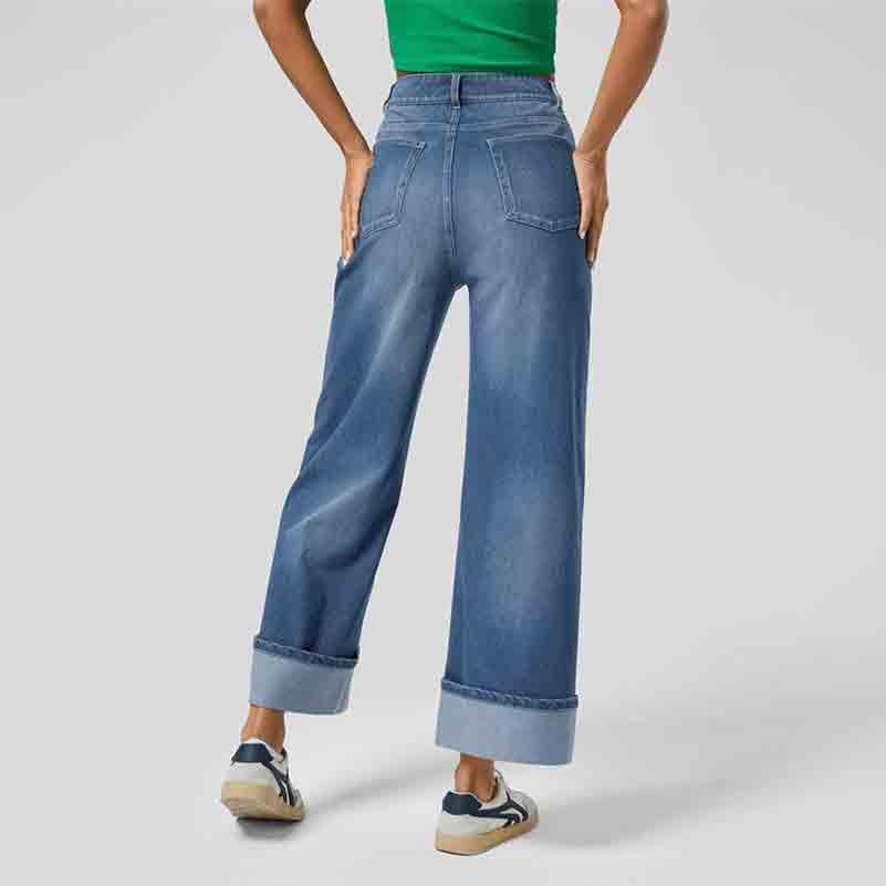 Women's Retro Casual Wide Leg Pants with Rolled Hem Straight Leg Jeans high Waisted Jeans for Women3