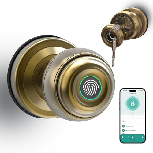 UMIKSMART Fingerprint Door Knob Lock, Smart Keyless Entry Door Knob with Tuya App Control & Auto-Lock, Backup Key, Easy Install for Home, Apartment, Office, Bronze