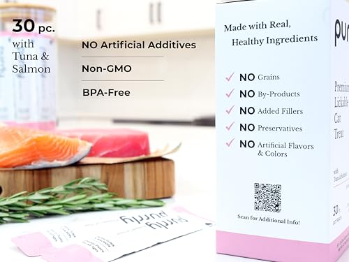 Image of Purrly Squeezable Cat Treats Wet Healthy Interactive Hydrating Human-Grade Tuna & Salmon with Omega-3 & 6 for Skin & Coat (30 Count) Lickable Creamy Puree Topper Wild-Caught No-Artificial-Additives