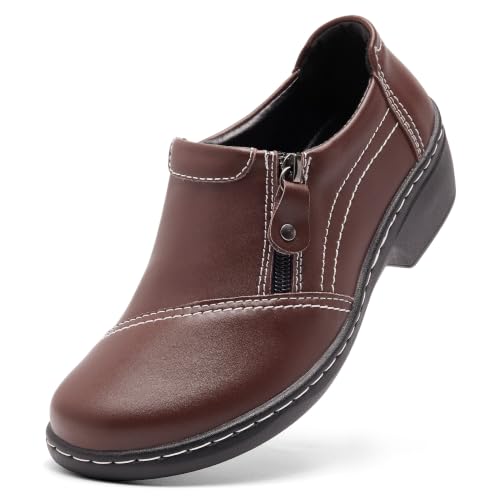 PGVVY Women's Leather Loafers Slip On Shoes with Side Zipper Orthopedic Casual Walking Shoes Comfortable Flat Brown Size 9.5 by PGVVY - Used condition - US$38.67
