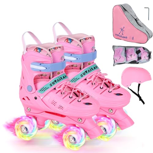 VEZLOPUS Patines de ruedas, ajustables, color rosa, con ruedas iluminadas para niñas, adolescentes, mujeres, principiantes y avanzadas, con equipo de protección y bolsa de transporte