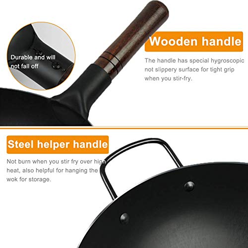 Carbon Steel Wok, YTFGGY Wok Pan for Gas Stoves - 12.6“ Woks and Stir Fry Pans - Traditional Chinese Japanese Iron Woks (Lid, Spatula Included)