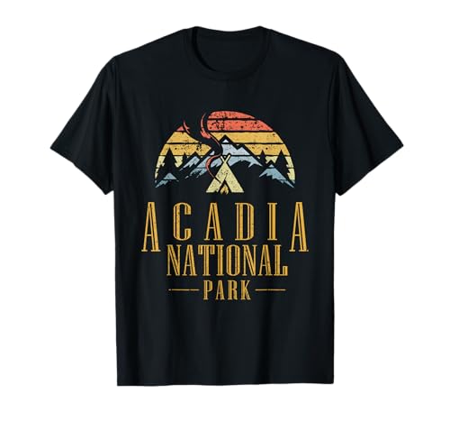 Vintage Acadia parque nacional Campfire montanhas retro T Shi t-shirt, Preto, S